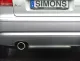 Close-up van de achterkant van een zilverkleurige Audi A3 (8P) met een Simons roestvrijstalen sportuitlaat. De uitlaat is 1x100 mm en op de kentekenplaat staat "Simons".