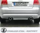 Achteraanzicht van een zilverkleurige Audi A3 (8P) met duplex sportuitlaatsysteem van Simons. De uitlaatpijpen zitten links en rechts en hebben een diameter van 100mm. Kentekenplaat "Simons" is bevestigd. Roestvrijstalen" belettering aan de onderkant.